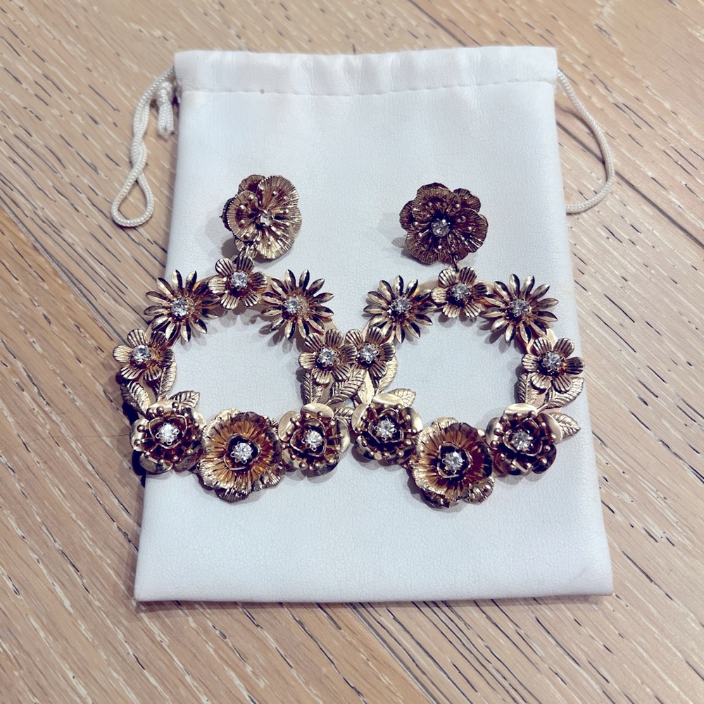 Vintage Oversized Gold Tone Floral Sparkly Hoop Rhinestone Earrings